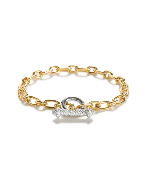 Close-up of 18K Fairmined gold toggle bracelet with sparkling pave set diamonds - METAL X WIRE design