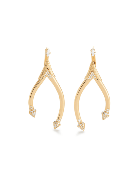 Close-up of 18K Fairmined ear jacket earrings with sparkling pavé set diamonds - METAL X WIRE design